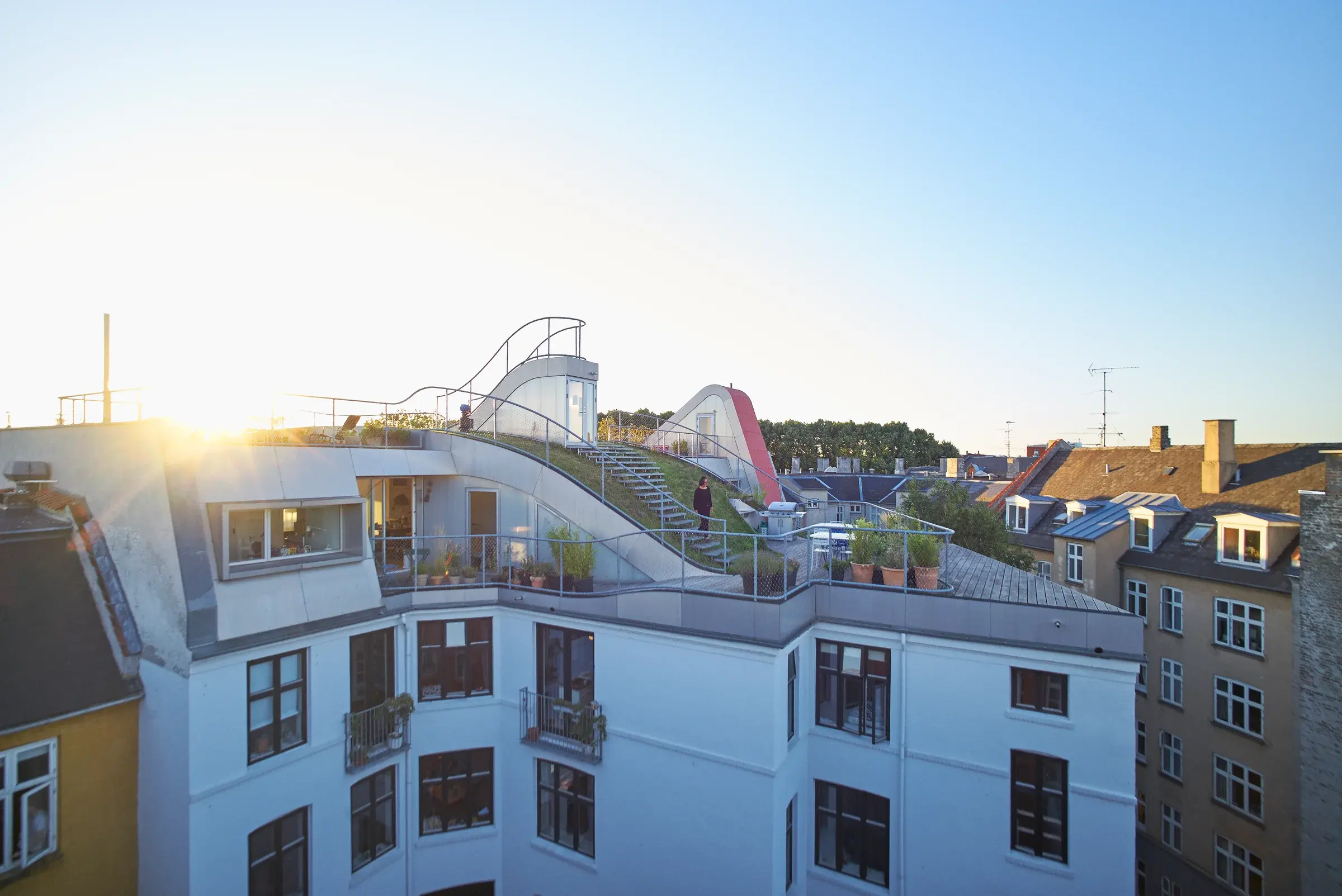 Birkegade Rooftop terrace with planting and paved paths above the residential block, Copenhagen, Denmark