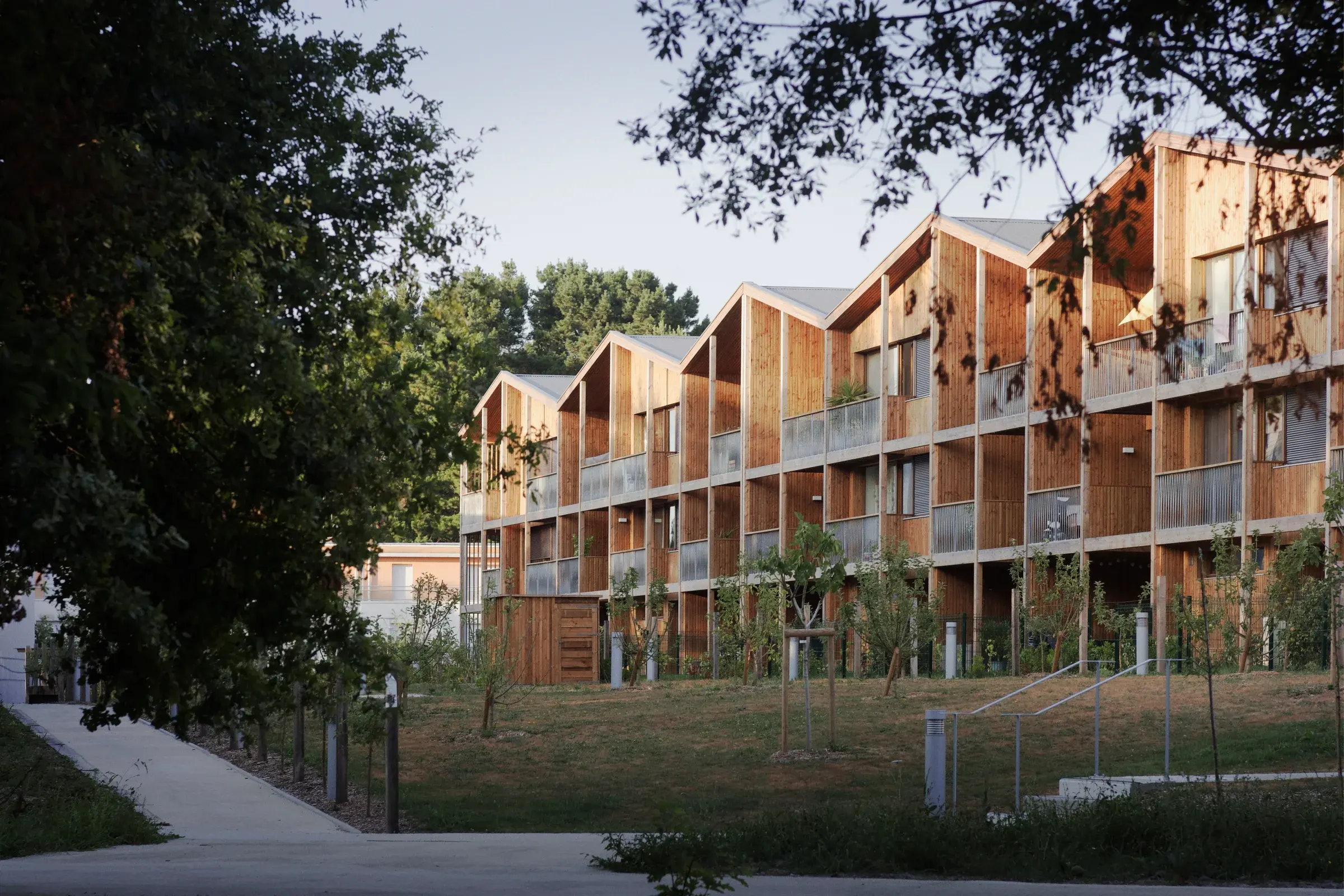 Erdre et Parc housing by TANK Architectes in Nantes, with pine cladding and private loggias, Photography Julien Lanoo