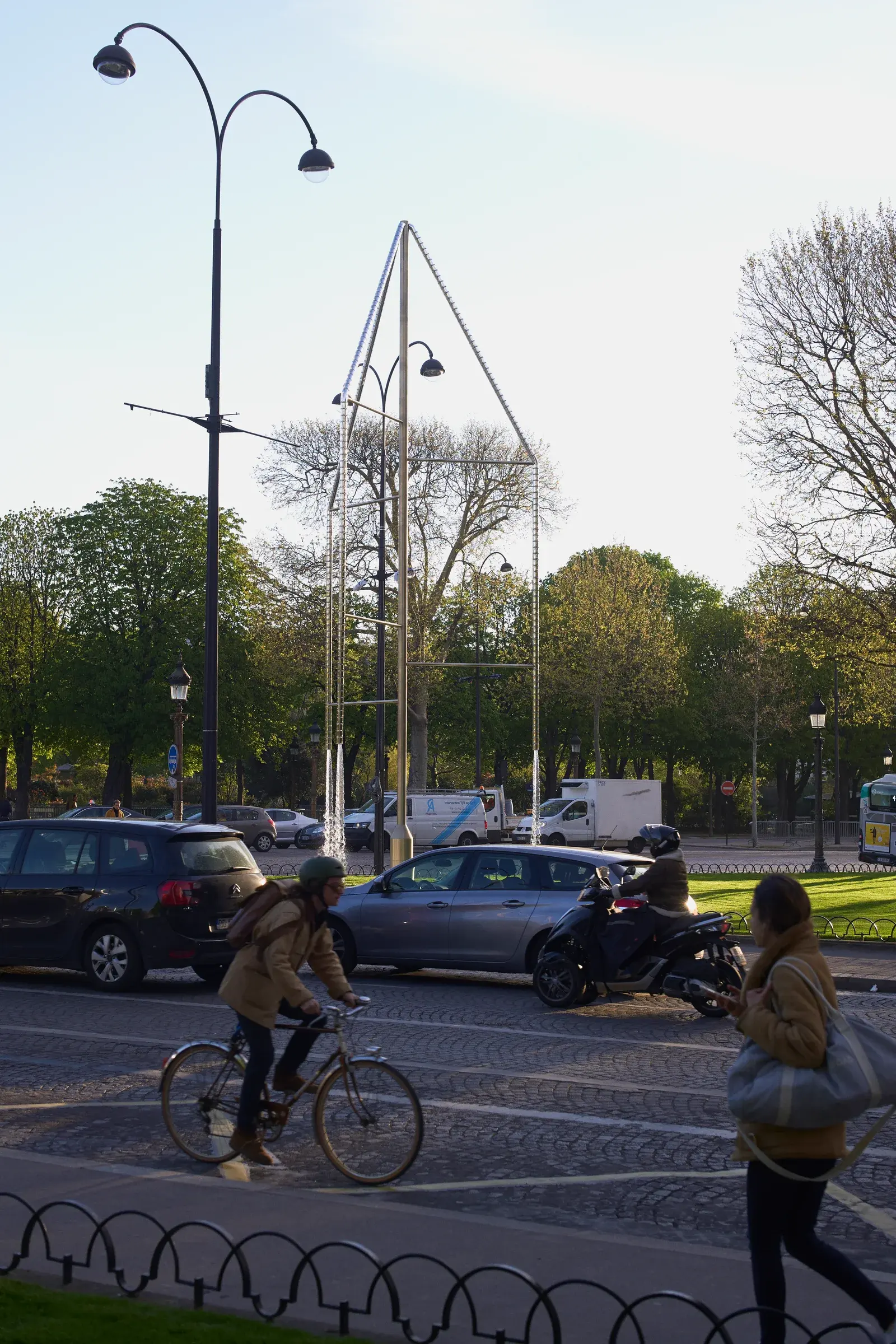 Ronan & Erwan Bouroullec’s Fontaines des Champs-Élysées in Paris, with bronze basins and luminous crystal branches, Photography Julien Lanoo