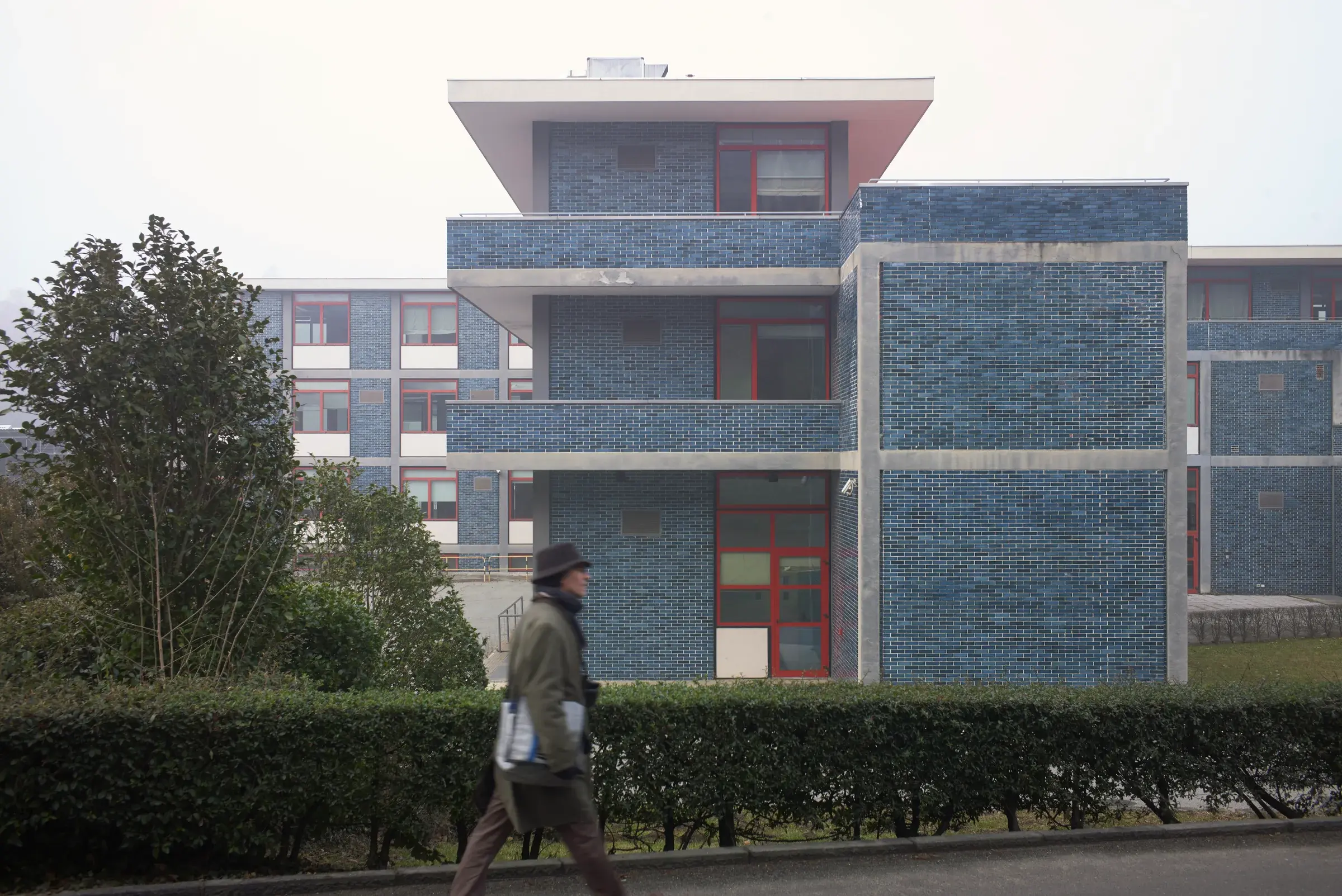 Olivetti Campus in Ivrea, Italy, modernist façade and landscaped setting
