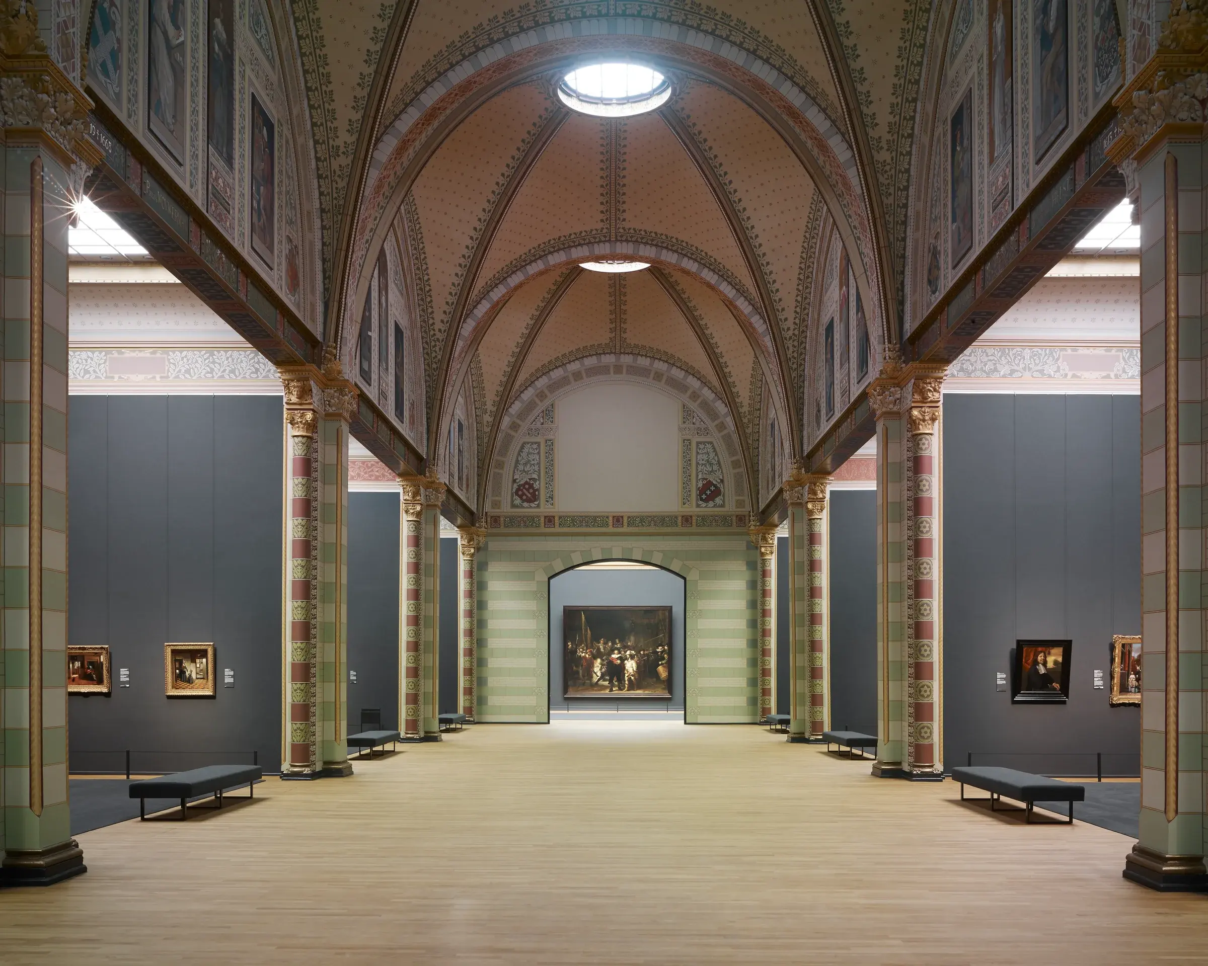 Rijksmuseum interior with museum circulation and exhibition elements in Amsterdam, Netherlands
