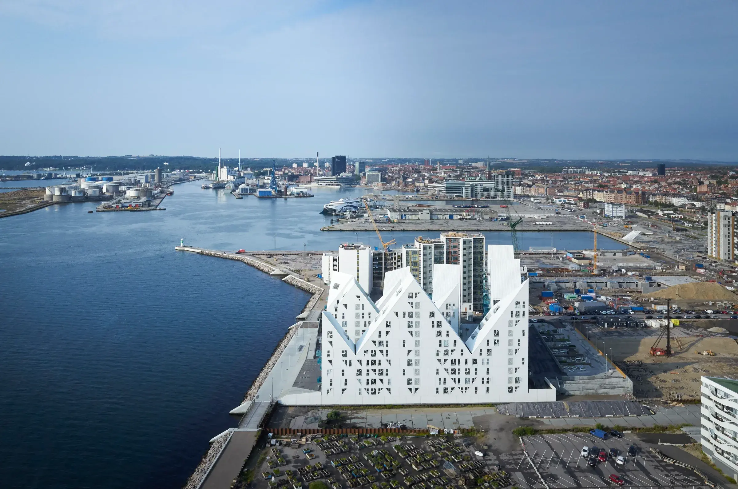 The Iceberg in Aarhus, Denmark, by Julien De Smedt Architects, with faceted white volumes along the waterfront, Photography Julien Lanoo