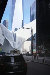 Interior view of the World Trade Center Transportation Hub in New York, with soaring white structural ribs and daylight above, Photography Julien Lanoo